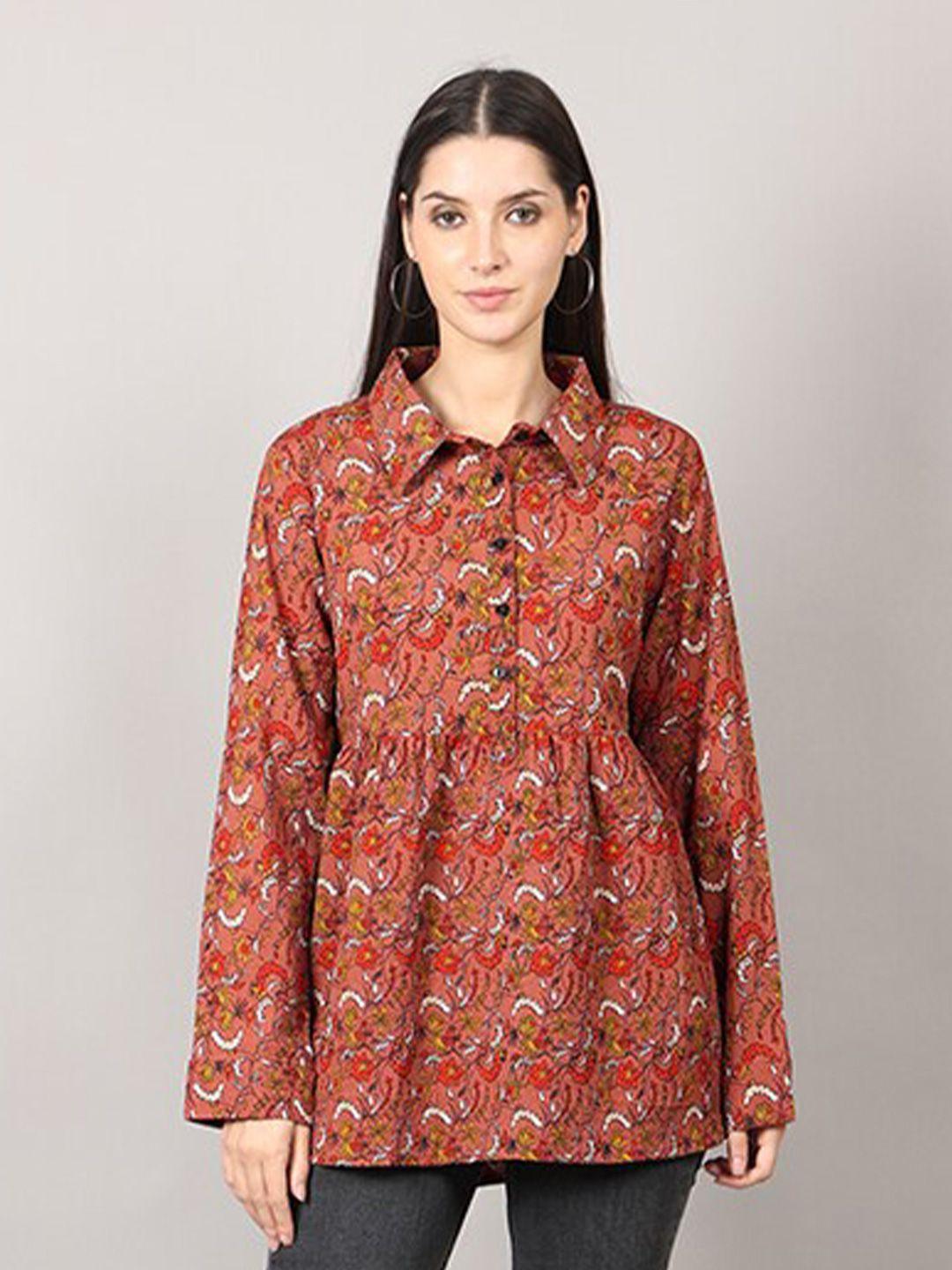 maiyee brown floral printed shirt style top
