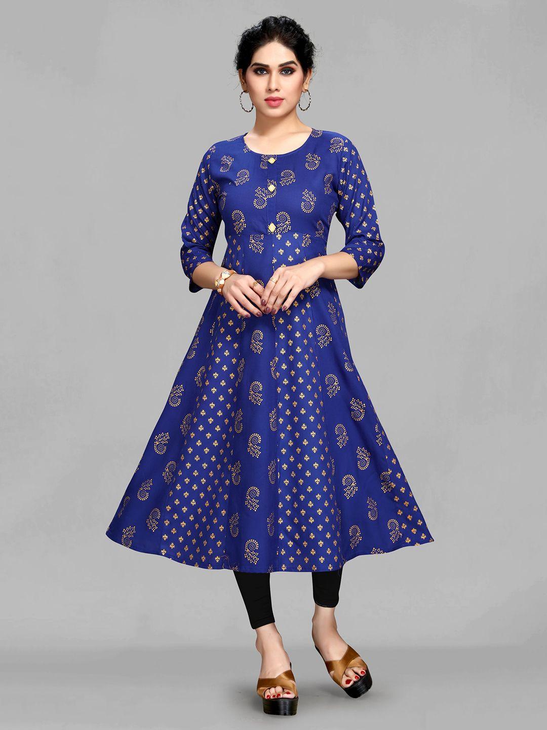 maiyee ethnic motifs printed indigo panelled anarkali kurta