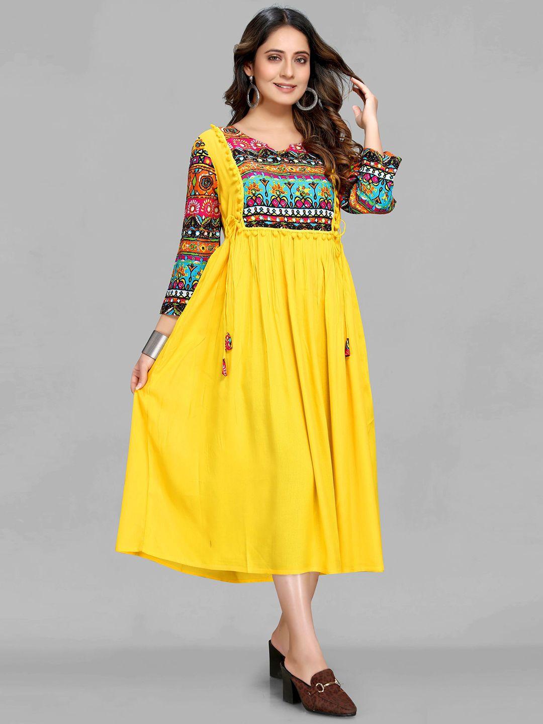 maiyee ethnic motifs printed round neck a-line midi dress