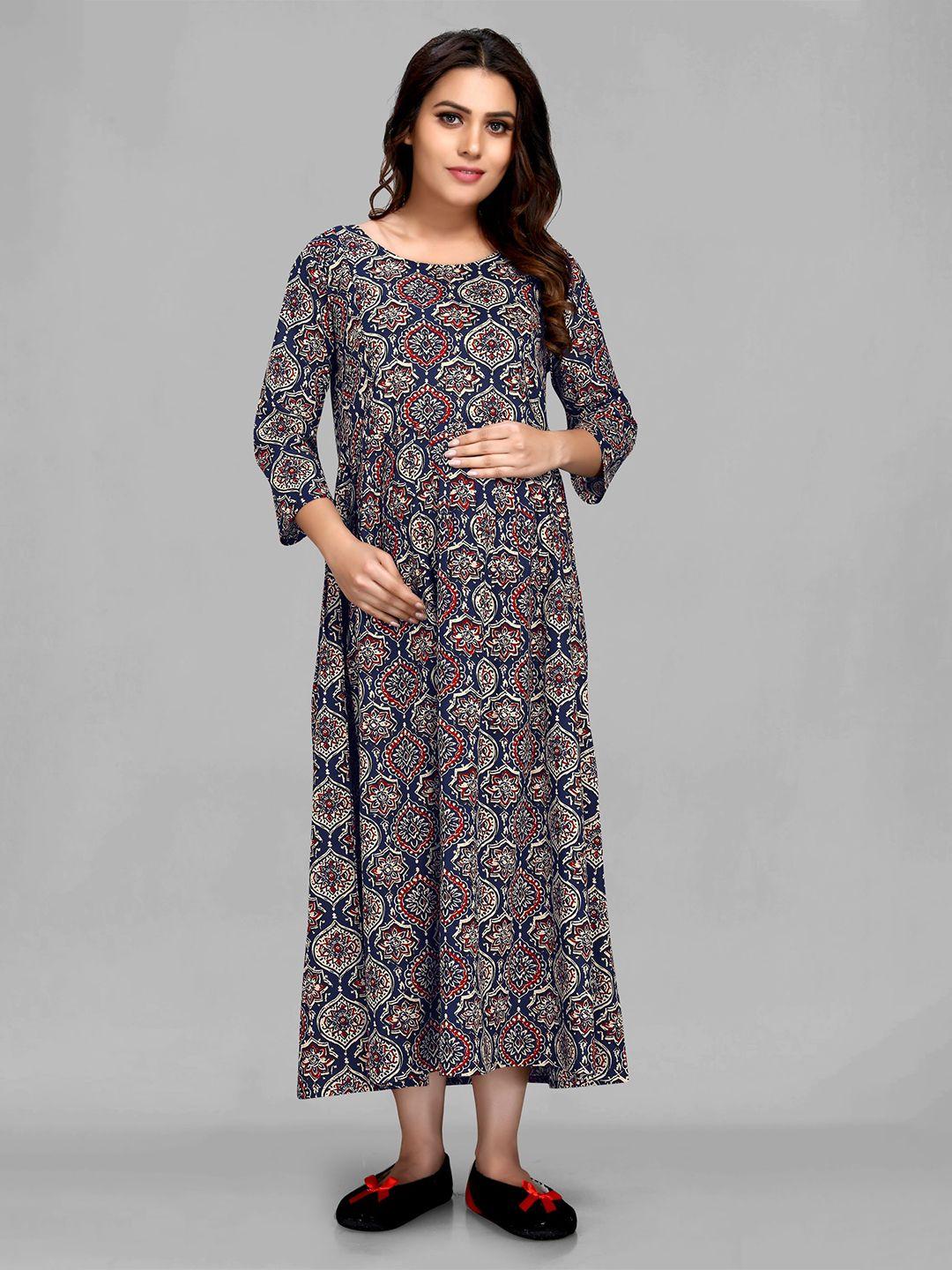 maiyee ethnic motifs printed round neck maternity fit & flare maxi ethnic dress