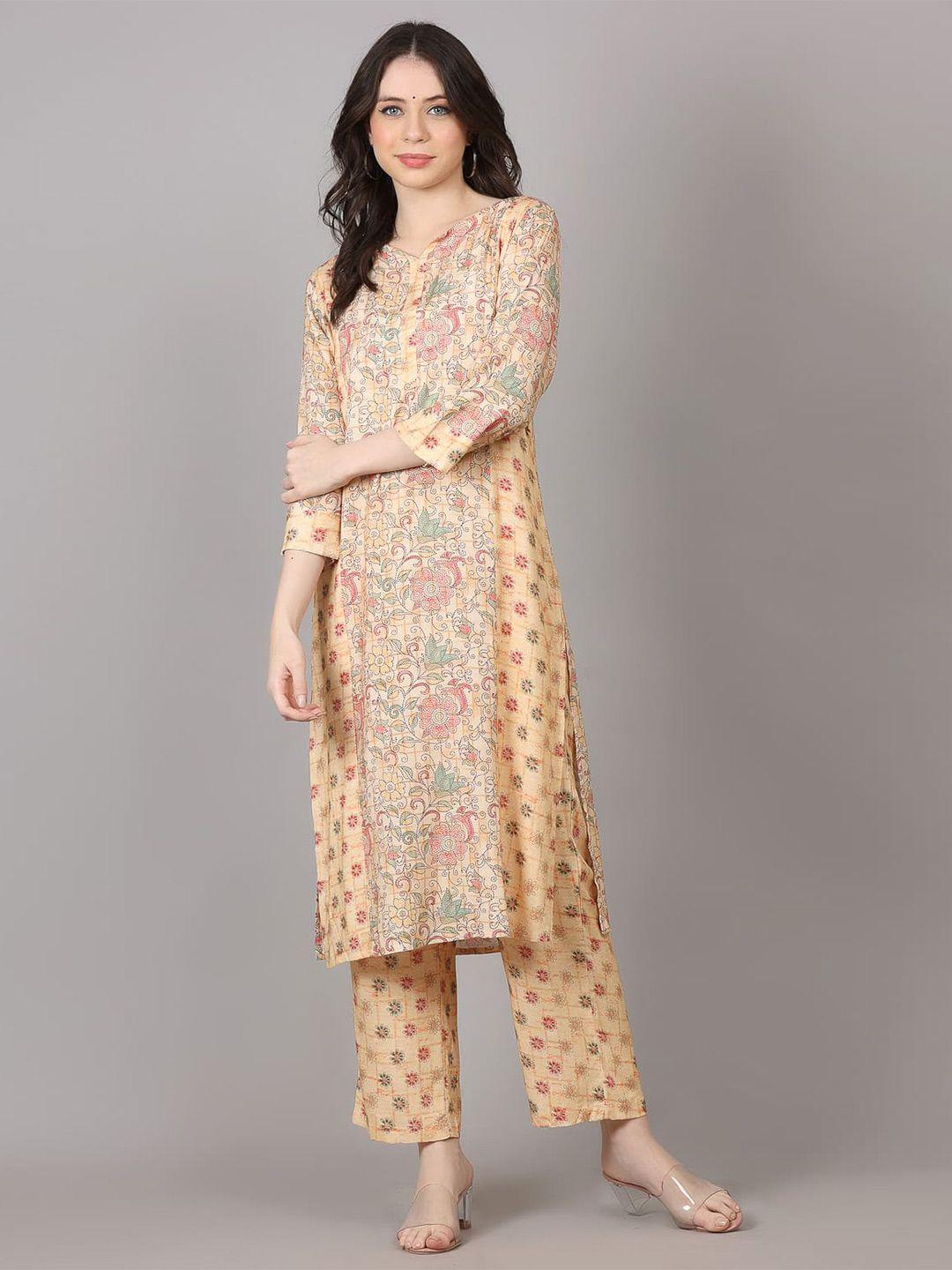 maiyee floral printed notch neck straight kurta with trousers
