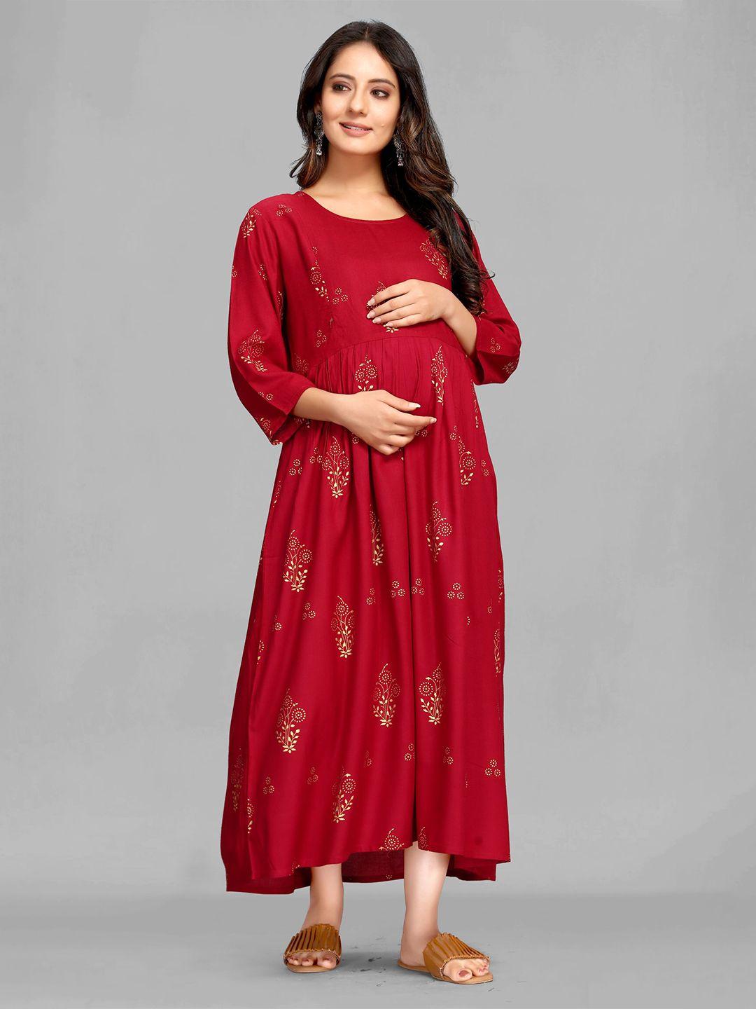 maiyee floral printed round neck maternity cotton fit & flare maxi ethnic dress