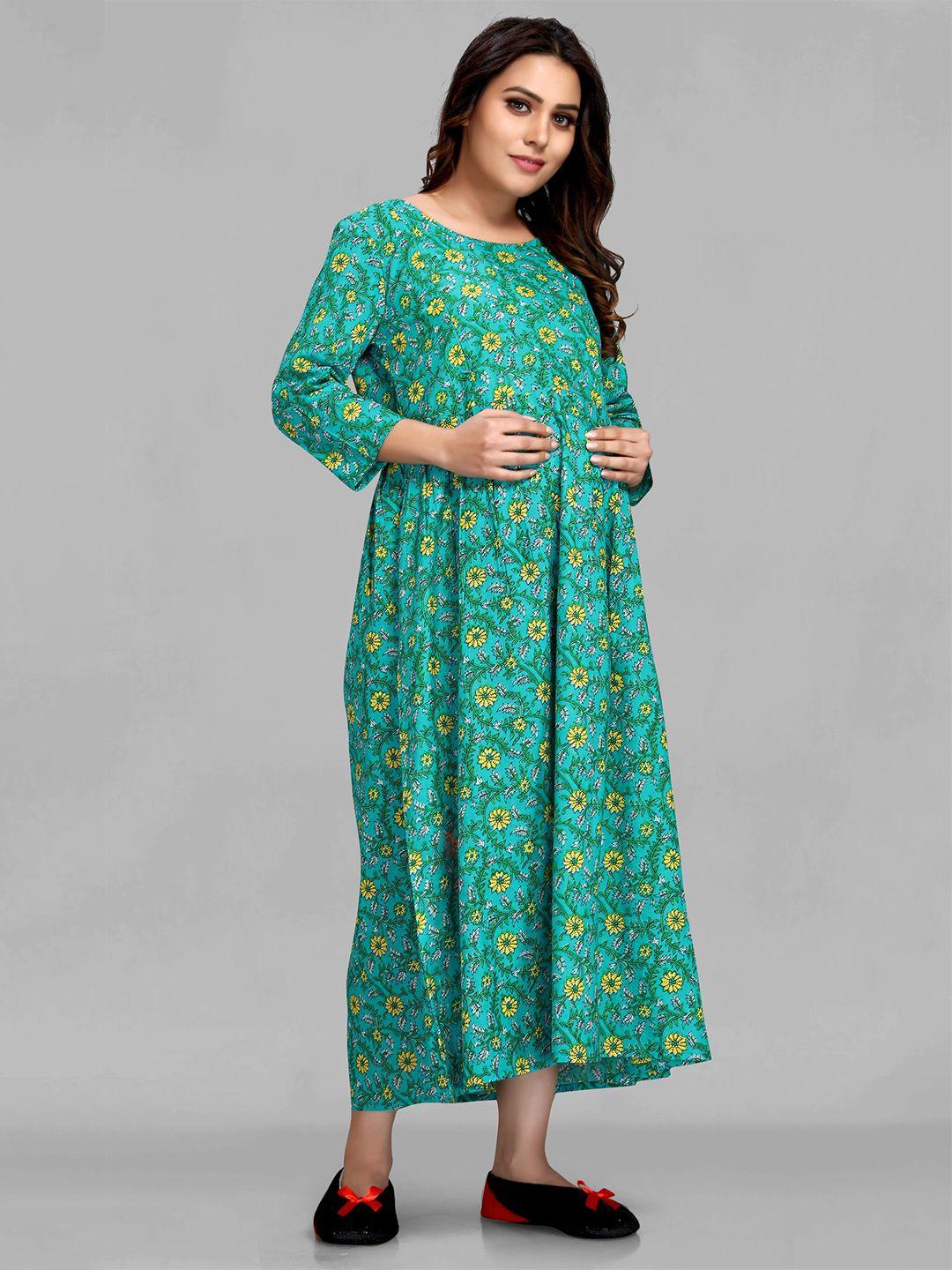 maiyee floral printed round neck maternity fit & flare maxi ethnic dress