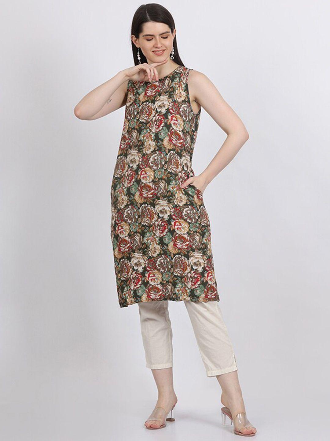 maiyee floral printed round neck sleeveless straight kurta