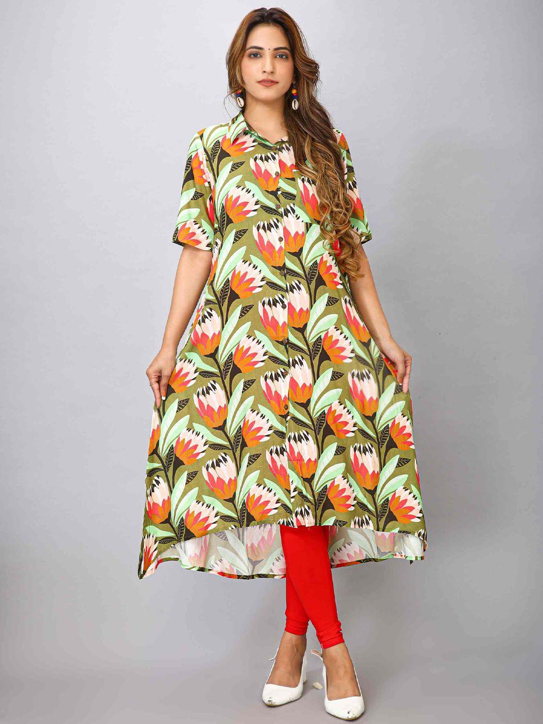 maiyee floral printed shirt collar kurta