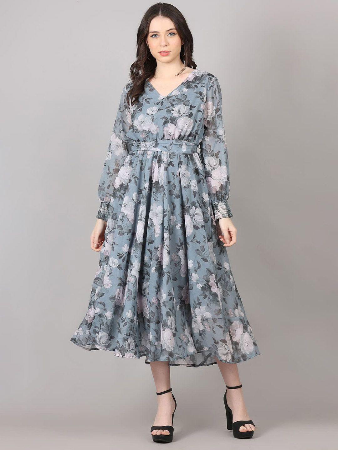 maiyee floral printed v-neck puff sleeve georgette fit & flare midi dress