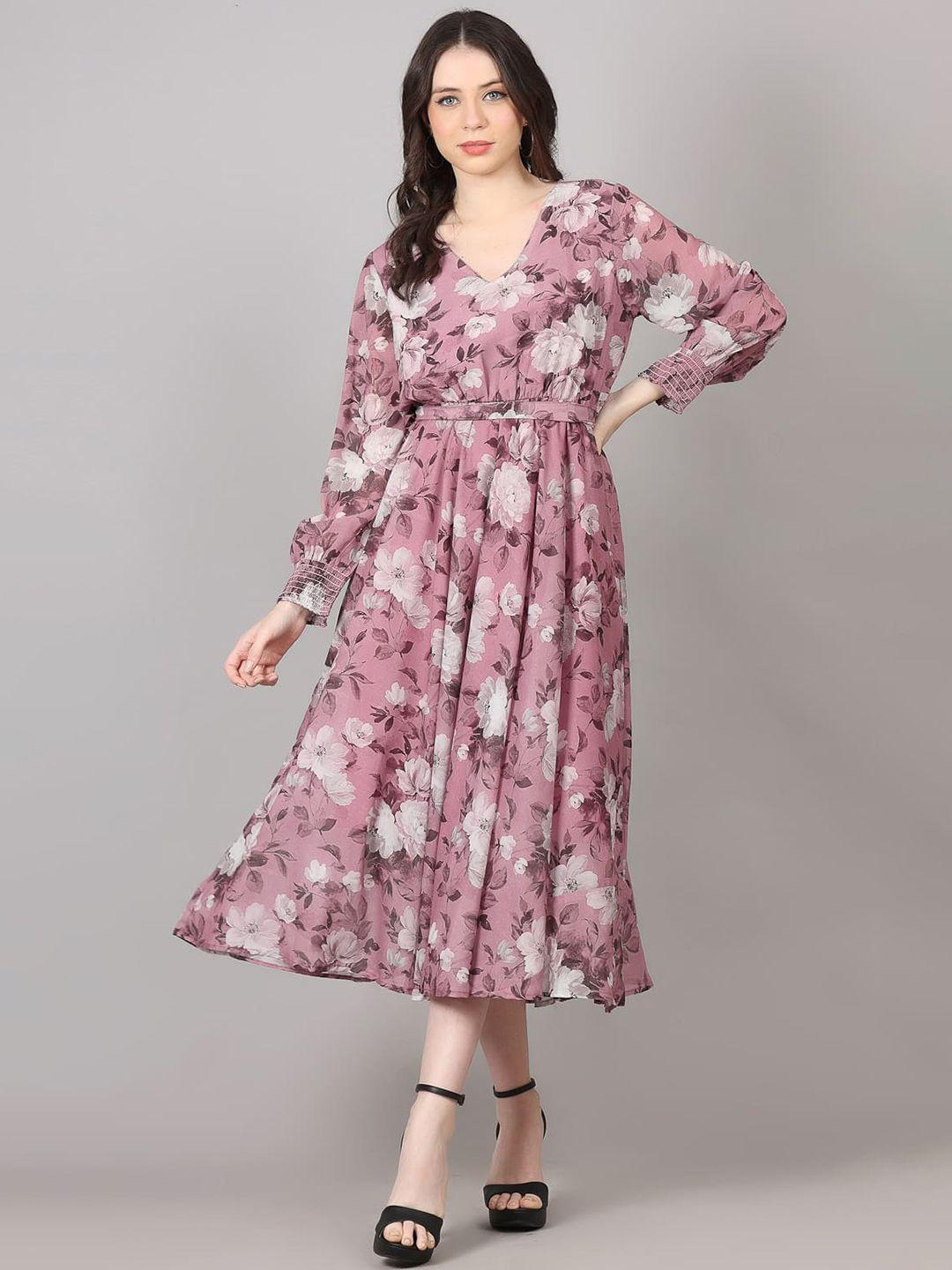 maiyee floral printed v-neck puff sleeve georgette fit & flare midi dress