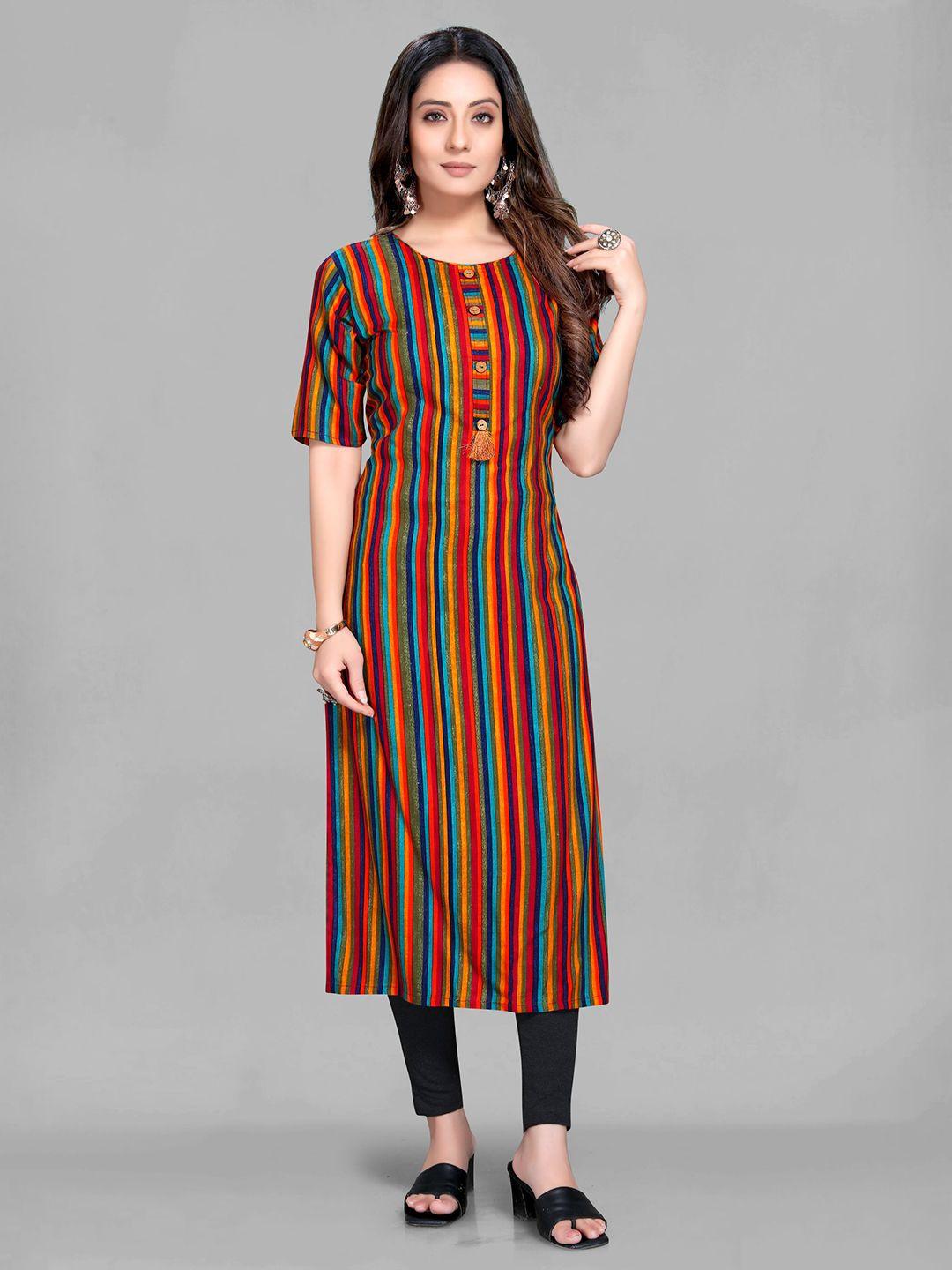 maiyee pure cotton round neck striped straight kurta