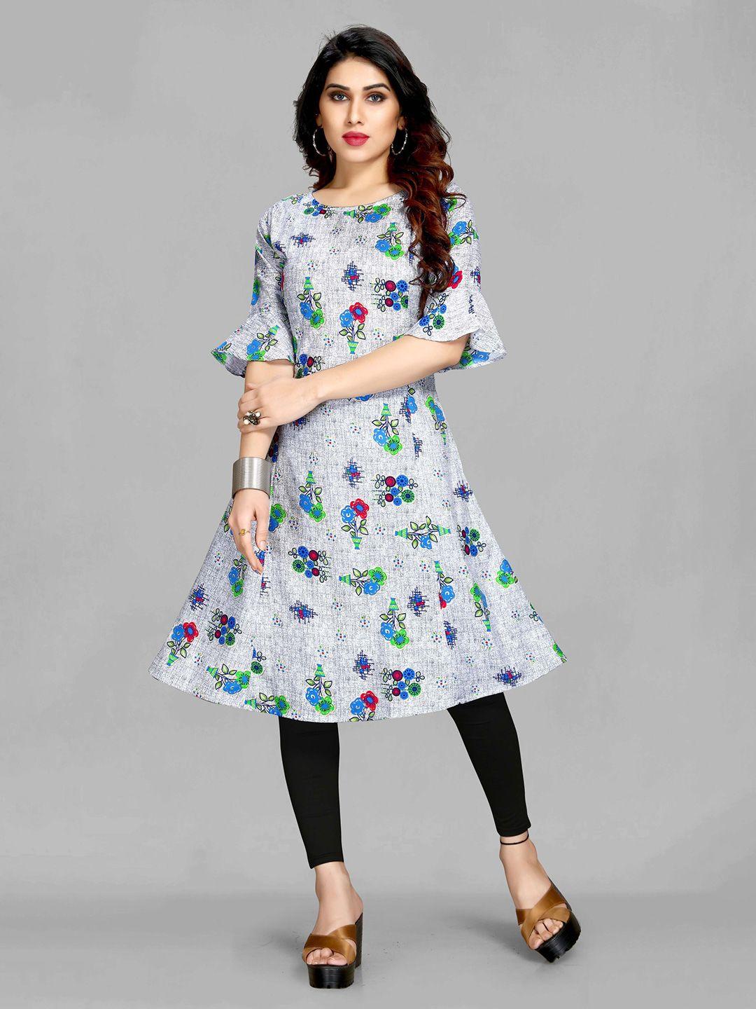 maiyee round neck bell sleeves floral printed a-line kurta