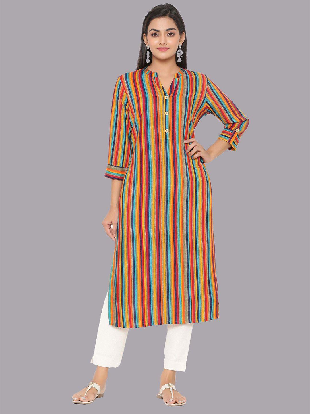 maiyee striped printed band collar straight kurta