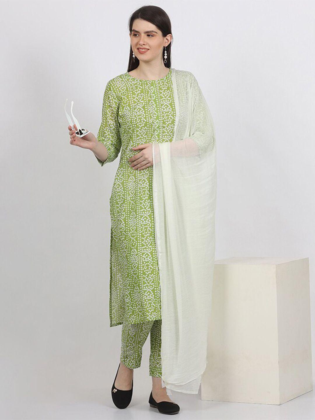 maiyee women bandhani printed pure cotton straight kurta with trousers & with dupatta