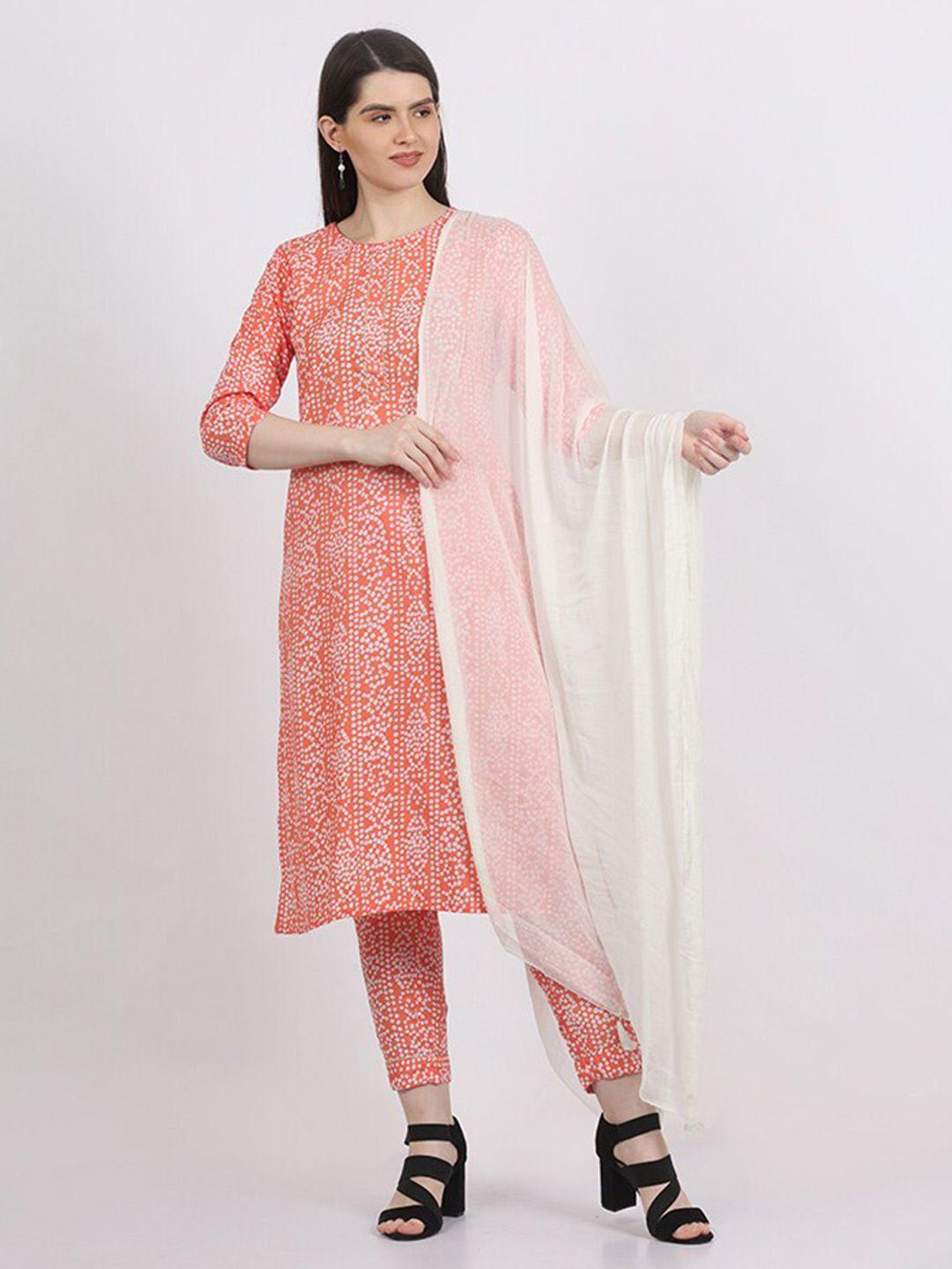 maiyee women coral bandhani printed regular pure cotton kurta with trousers & with dupatta
