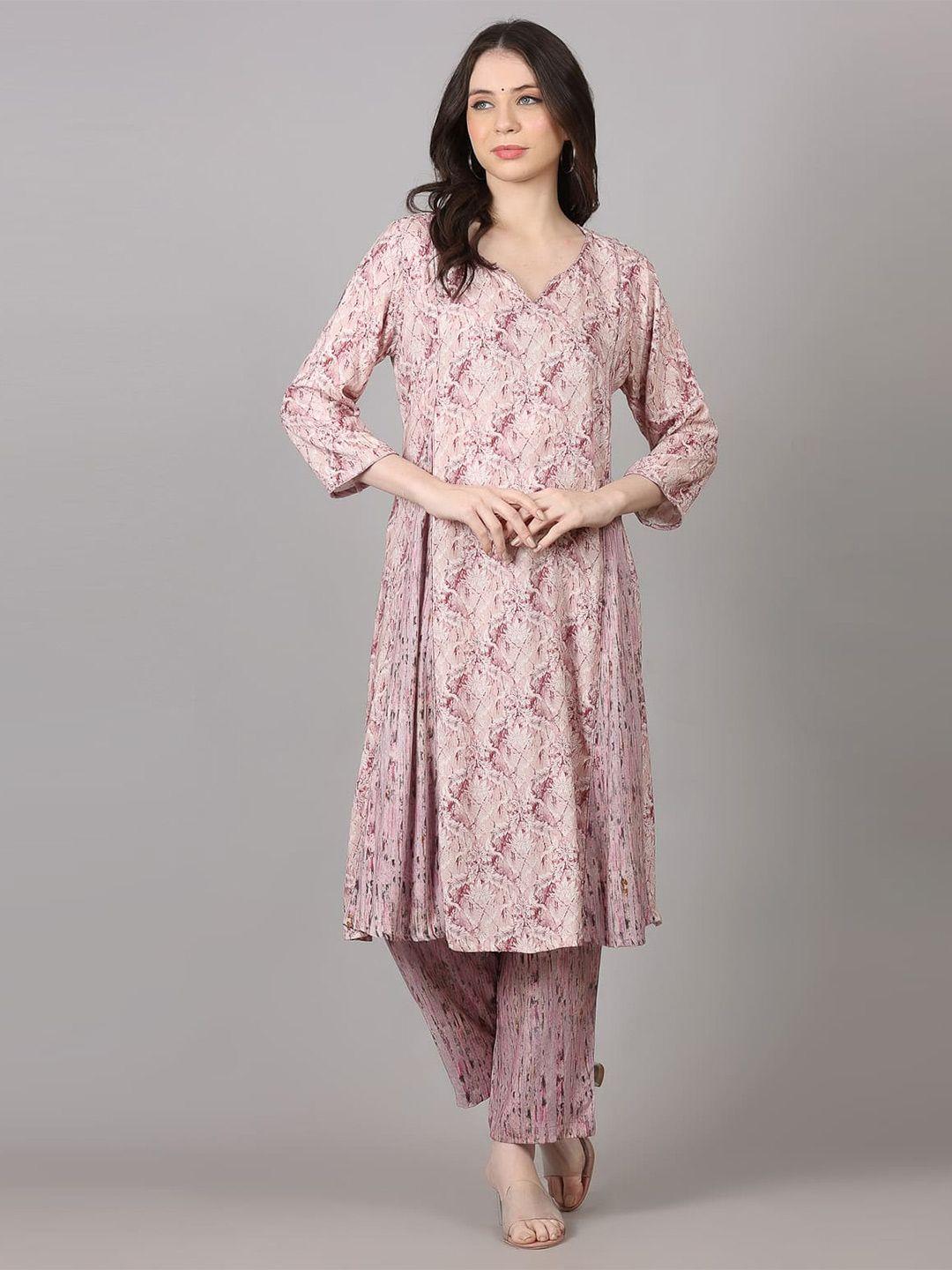 maiyee women pink ethnic motifs printed pleated kurta with trousers