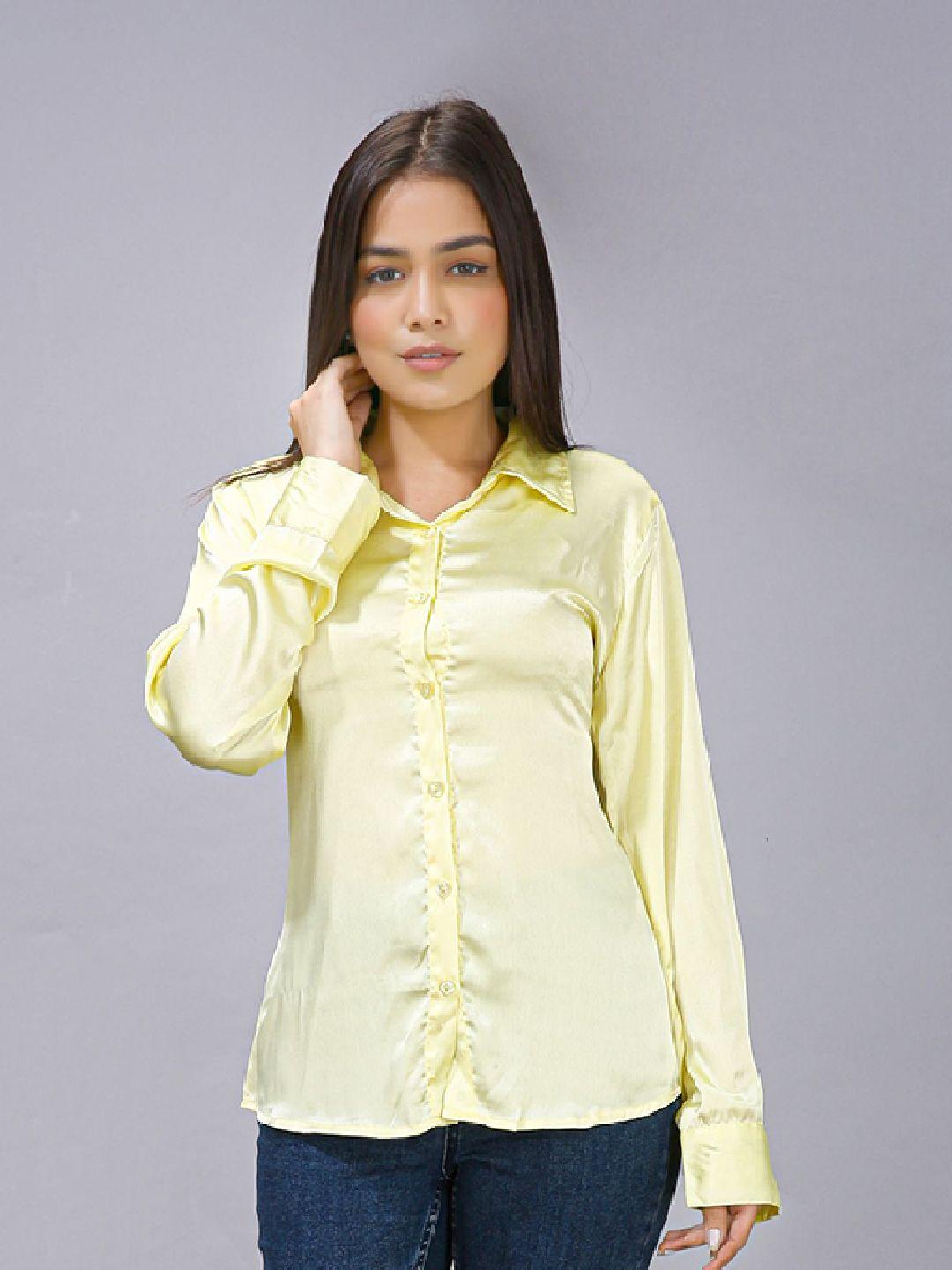 maiyee yellow print mandarin collar satin shirt style top
