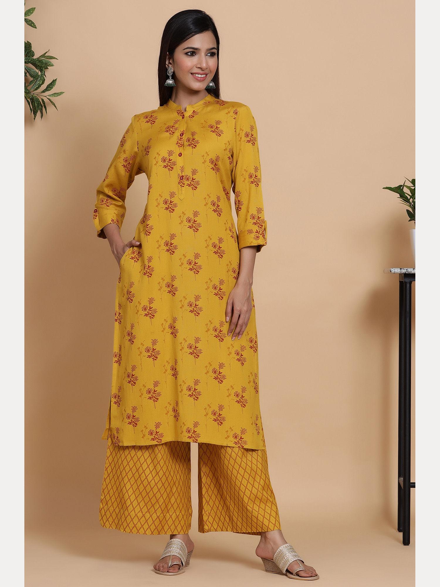 maize yellow floral rayon printed kurta