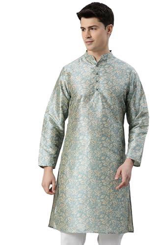 majestic man art silk ethnic motifs floral printed long kurta (light sea green, small)