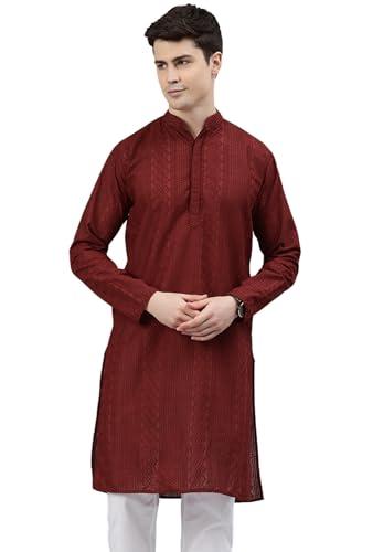 majestic man cotton blend chikankari embroidered ethnic motifs double plaket kurta (x-large, maroon)