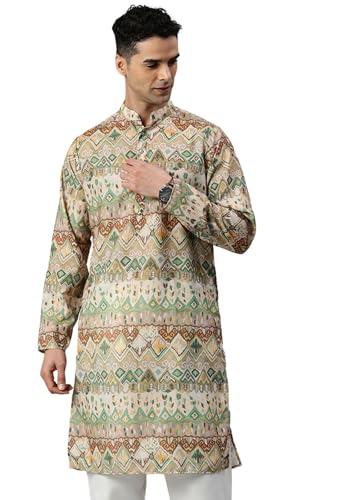 majestic man cotton blend ethnic motifs abstract printed kurta for men (green, medium)