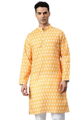 majestic man cotton blend ethnic motifs printed long kurta for men (large, haldi yellow)