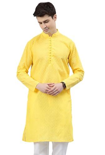 majestic man cotton blend lucknowi chikankari embroidered ethnic motifs kurta (large, haldi yellow)