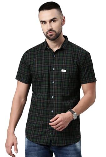 majestic man cotton checkered half sleeve casual shirt (large, green, men, slim fit)