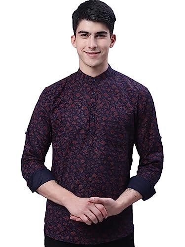 majestic man cotton floral printed short kurta for men (x-large, navy blue)