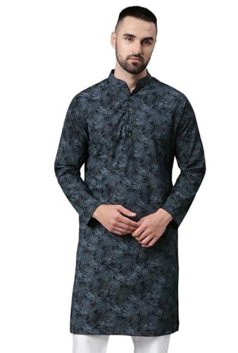 majestic man cotton mandarin collar ethnic motifs printed long kurta for men (small, navy blue)