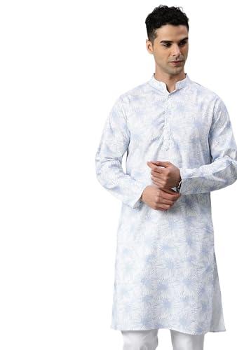 majestic man cotton mandarin collar ethnic motifs printed long kurta for men (small, snow white)