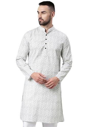 majestic man cotton mandarin collar ethnic motifs printed long kurta for men (x-large, white)