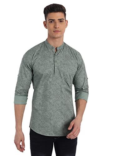 majestic man cotton printed designer short kurta for men (green, l)