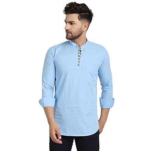 majestic man cotton solid casual short kurta for men (large, sky blue)