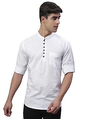 majestic man cotton solid slim fit designer short kurta for men (large,milky white)