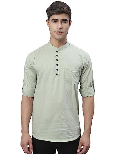 majestic man cotton solid slim fit designer short kurta for men (small, light green)