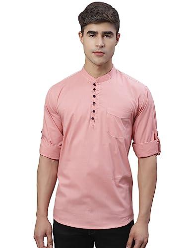 majestic man cotton solid slim fit designer short kurta for men (x-large, pink)