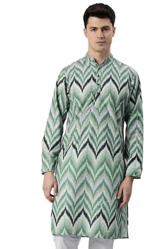 majestic man men cotton blend chikankari chevron embroidered sequinned regular kurta (green, medium)