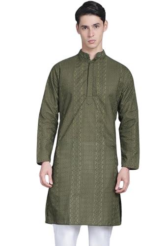 majestic man men cotton blend chikankari embroidered ethnic motifs double plaket regular kurta (large, mehendi green)