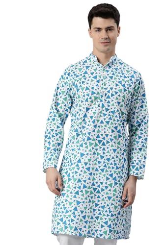 majestic man men cotton blend chikankari geometric embroidered sequinned regular kurta (blue, xl )