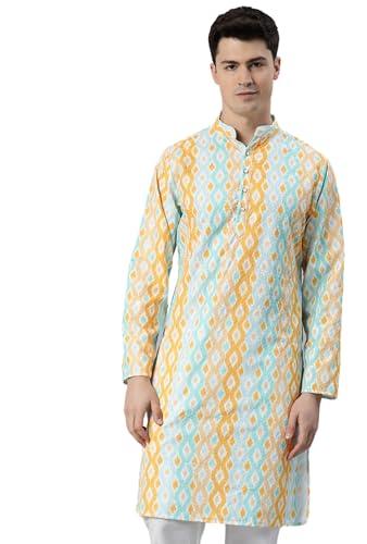 majestic man men cotton blend chikankari geometric embroidered sequinned regular kurta (yellow, medium)