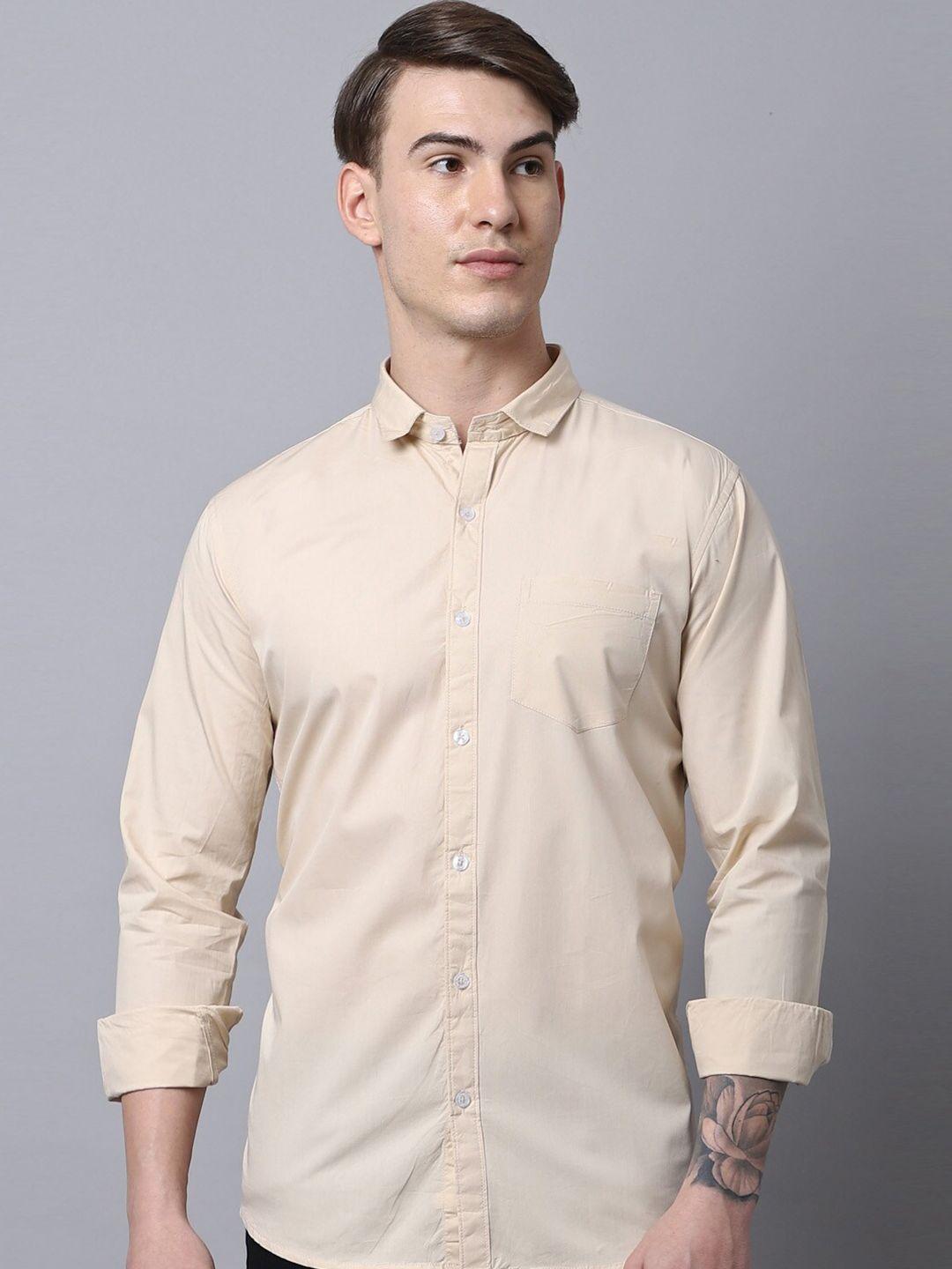 majestic man men cream-coloured slim fit pure cotton casual shirt