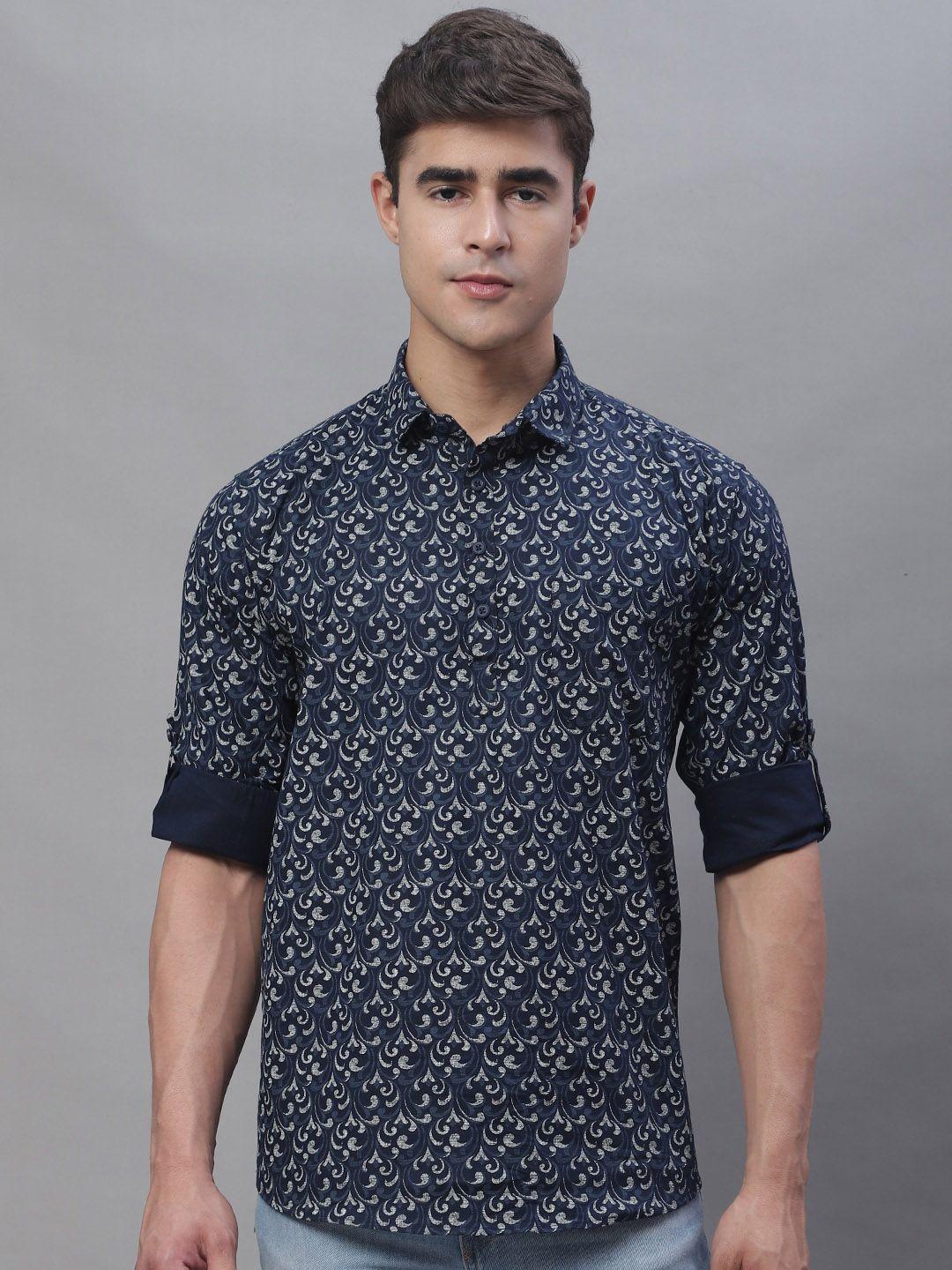 majestic man men navy blue geometric printed thread work kurta