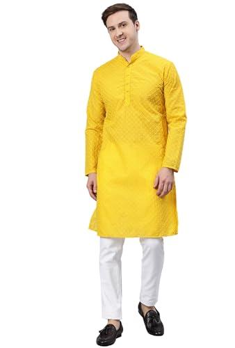 majestic man polyester mandarin collar ethnic motifs embroidered long kurta for men (large, haldi yellow)