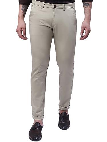 majestic man slim fit cotton blend casual solid trousers for men (beige, 28)