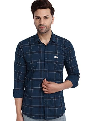 majestic man slim fit cotton casual check shirt for men (medium, navy blue)