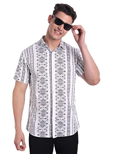 majestic man slim fit cotton casual printed shirt for men (m, milky white)