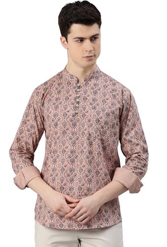 majestic man slim fit cotton printed short kurta (x-large, peach)