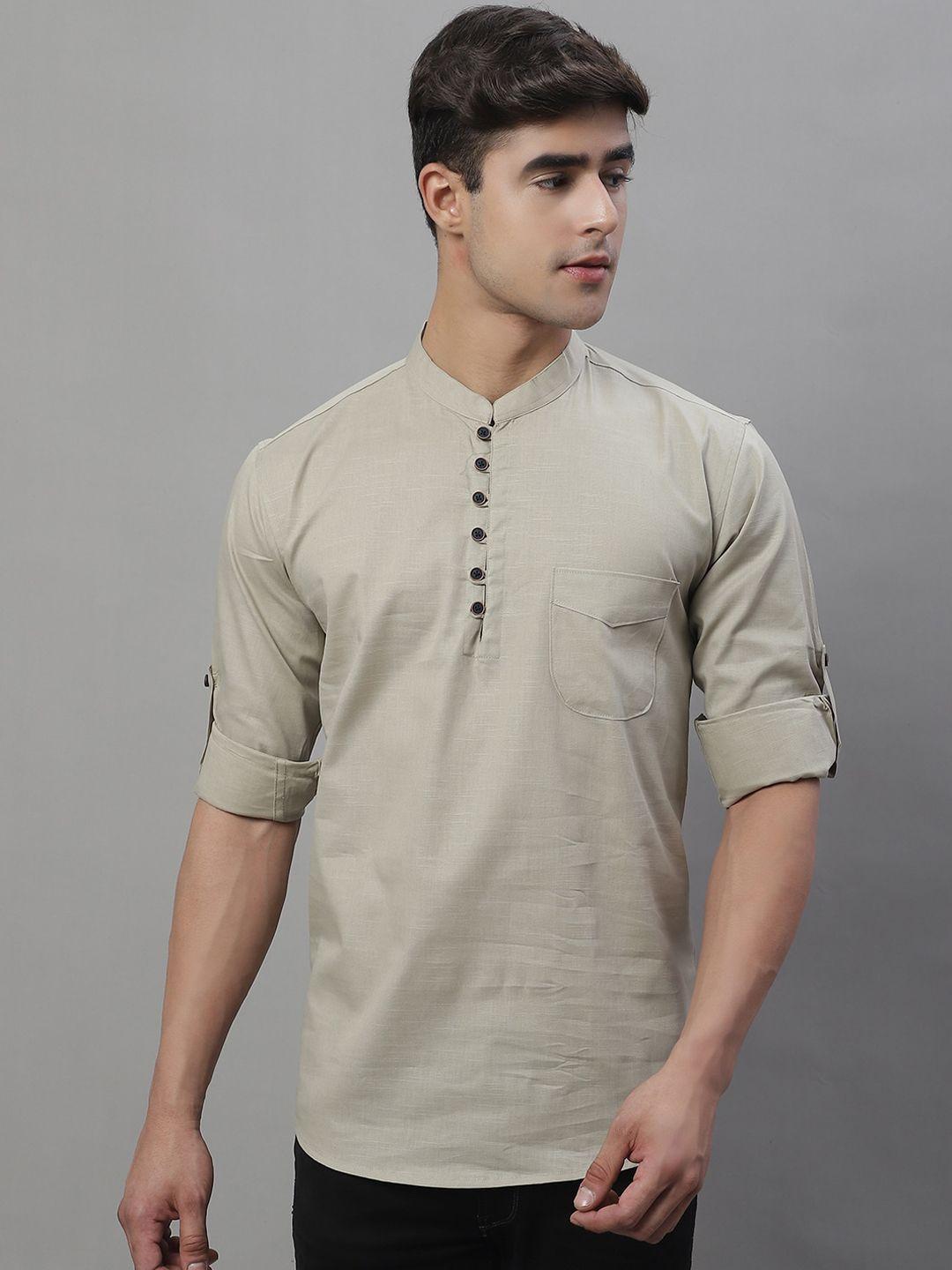 majestic man solid mandarin collar pure cotton short kurta