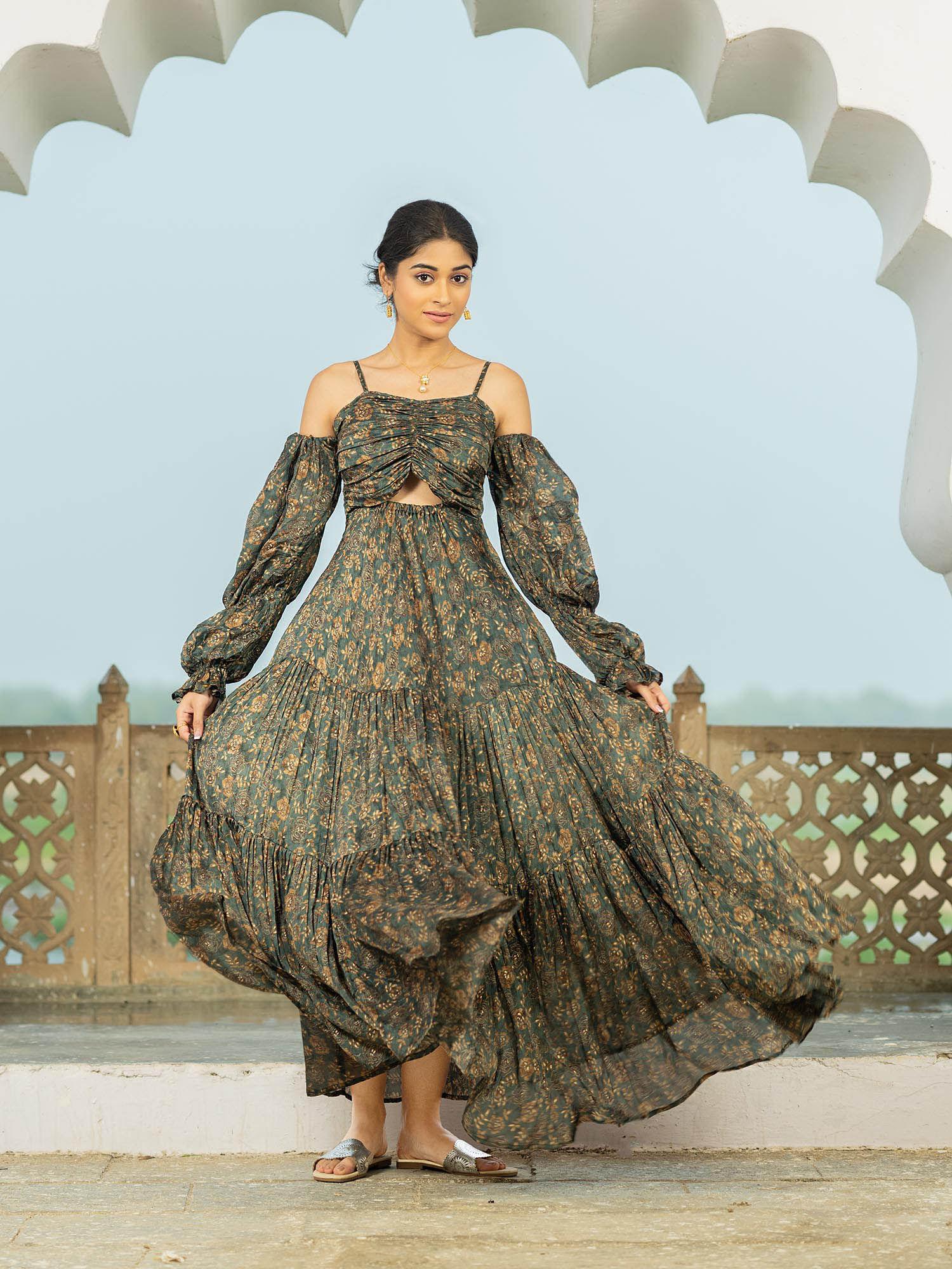 majestic puff sleeves forest green off-shoulder maxi dress