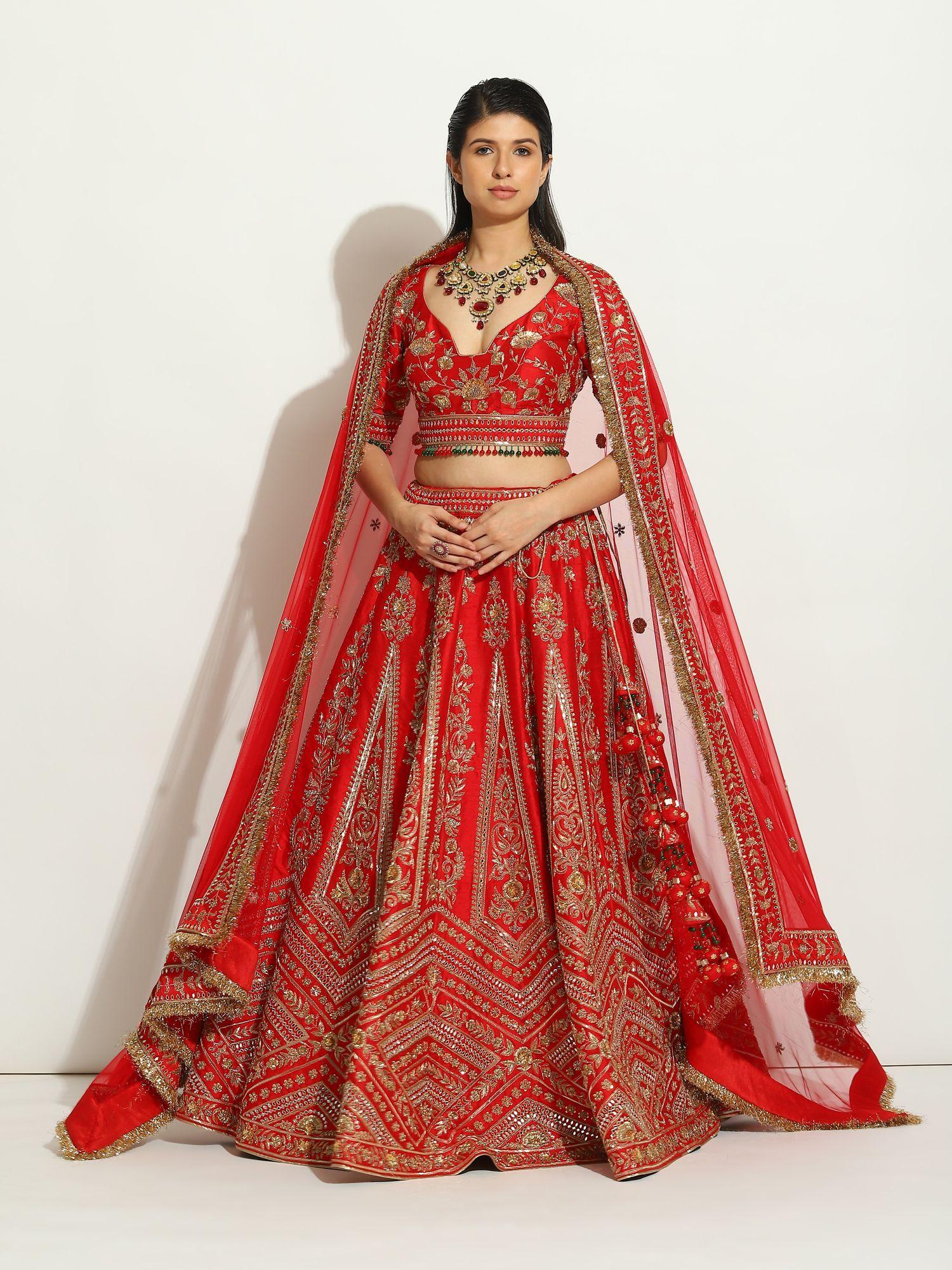 majestic red coloured lehenga with zardozi work (set of 3)