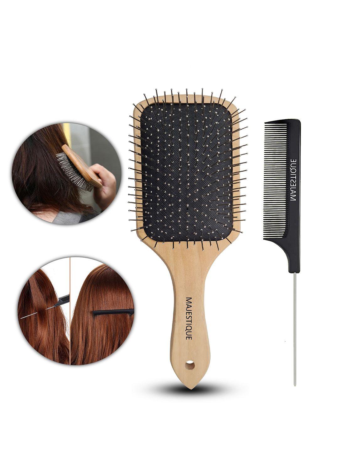 majestique set of 2 wood hair brush & detangle tail comb
