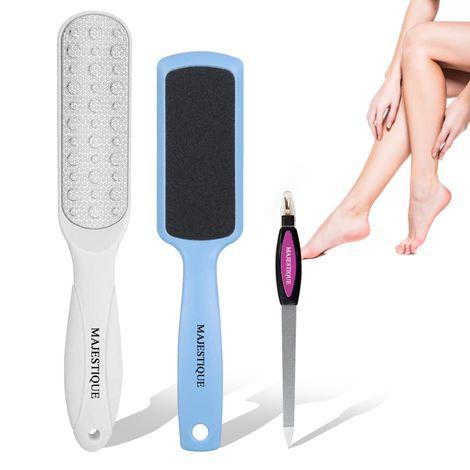 majestique 3pcs foot file set - pedicure foot scrapper dry, and dead skin removal - heel scraper for feet, hands, and body - color may vary